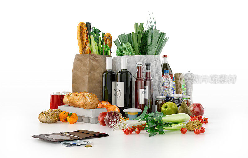 超市购物袋，杂货店新鲜食品的白色背景。生活成本上升，通货膨胀，购买，预算规划，存钱，财务经济，消费者价格指数CPI, 3D